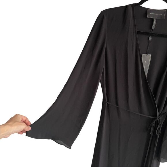 Bcbgmaxazria Wrap Robe Midi Dress Tie Waist Wide Sleeves Black S - Picture 5 of 6